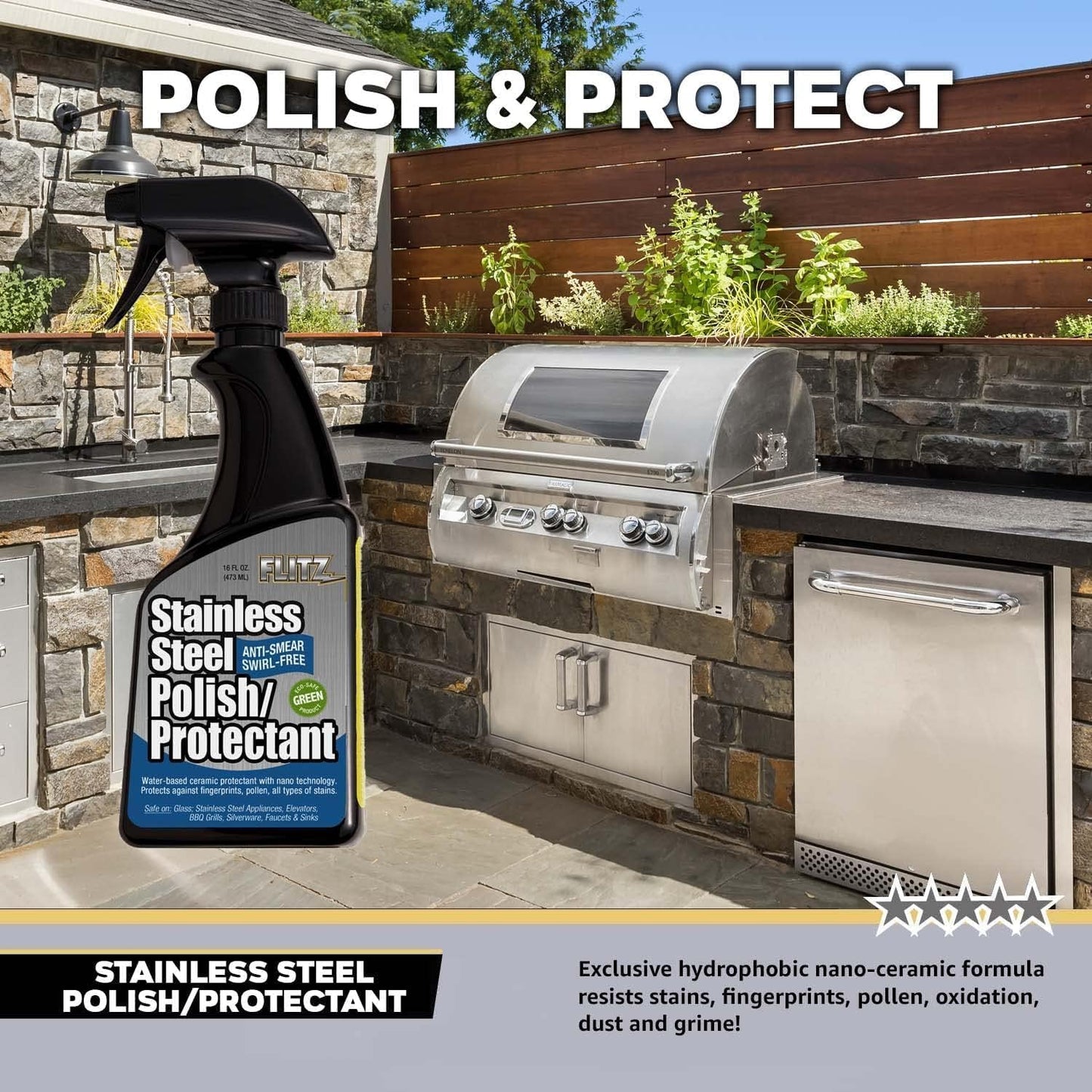 Flitz Stainless Steel Polish Protectant - 32oz Bottle, USA-Made Ceramic Coating for Stainless Steel Appliances, Repels Fingerprints & Water Spots - Aluminum & Chrome Polish & Protectant (1 Pack)