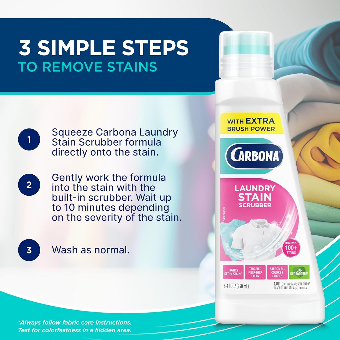 Carbona Laundry Stain Scrubber & Remover (8.4 Fl Oz), Extra-Strength Bio-Enzyme Formula, Brush-Top Applicator for Fiber-Deep Clean, Fast & Easy