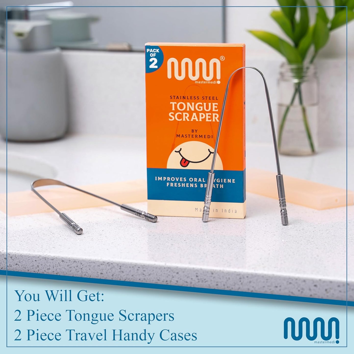 MasterMedi Tongue Scraper for Adults, 100% Stainless Steel Tongue Scrubber for Bad Breath, Easy to Use, Tongue Cleaner for Oral Care & Hygiene (SS Uni|Pack of 2)