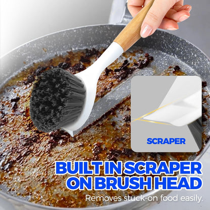Holikme 3 Pack Dish Brush Set with Bamboo Handle, Kitchen Brushes for Cleaning Pot, Sink and Stove, Skillet Scrubber with Tough Bristles for Cast Iron Grill Pan, Yellow White Black