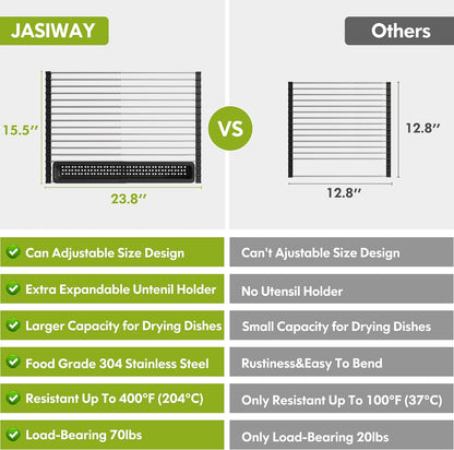 JASIWAY Dish Drying Rack in Sink, Expandable Stainless Steel Dish Drainers for Kitchen Counter, Dish Dryer Rack for Inside Sink, Over The Sink Dish Racks with Utensil Holder, Silver