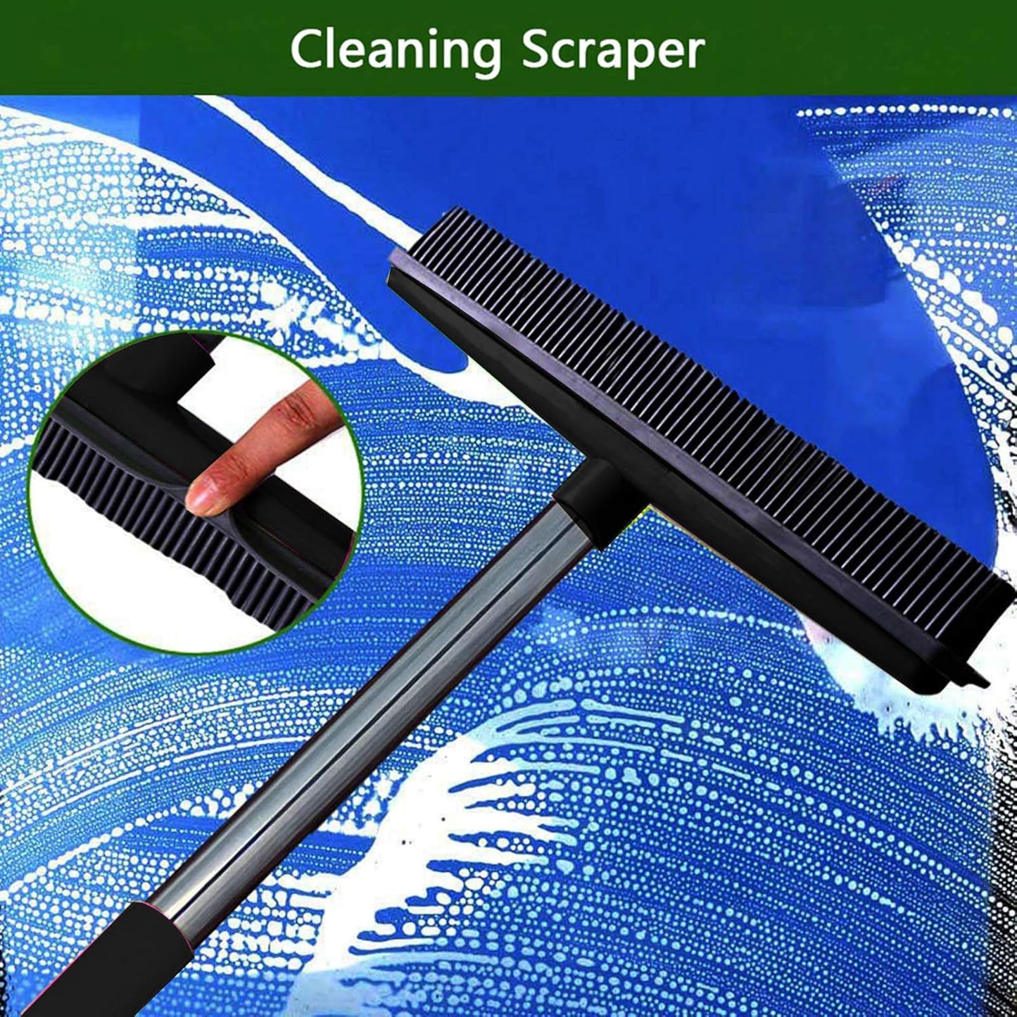 Telescopic Rubber Broom with Squeegee, Multifunction Adjustable Pet Hair Removal Carpet Rake for Fluff Rug Hardwood Floor (Black)