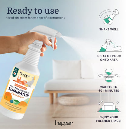 Hepper Advanced Bio-Enzyme Pet Stain & Odor Eliminator Spray - Smell, Stain & Urine Remover for Cats, Dogs & Other Animals - 32oz Spray Safe for the Home - Neutral
