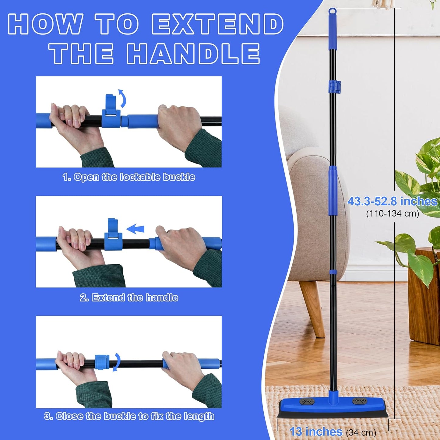 Rubber Broom Carpet Brush with Squeegee, Pet Hair Remover with 52.8 inches Long Handle, Detailing Lint Fur Removal Tool, Silicone Rug Rake for Cleaning Hardwood Floor, Tile, Window (Blue)