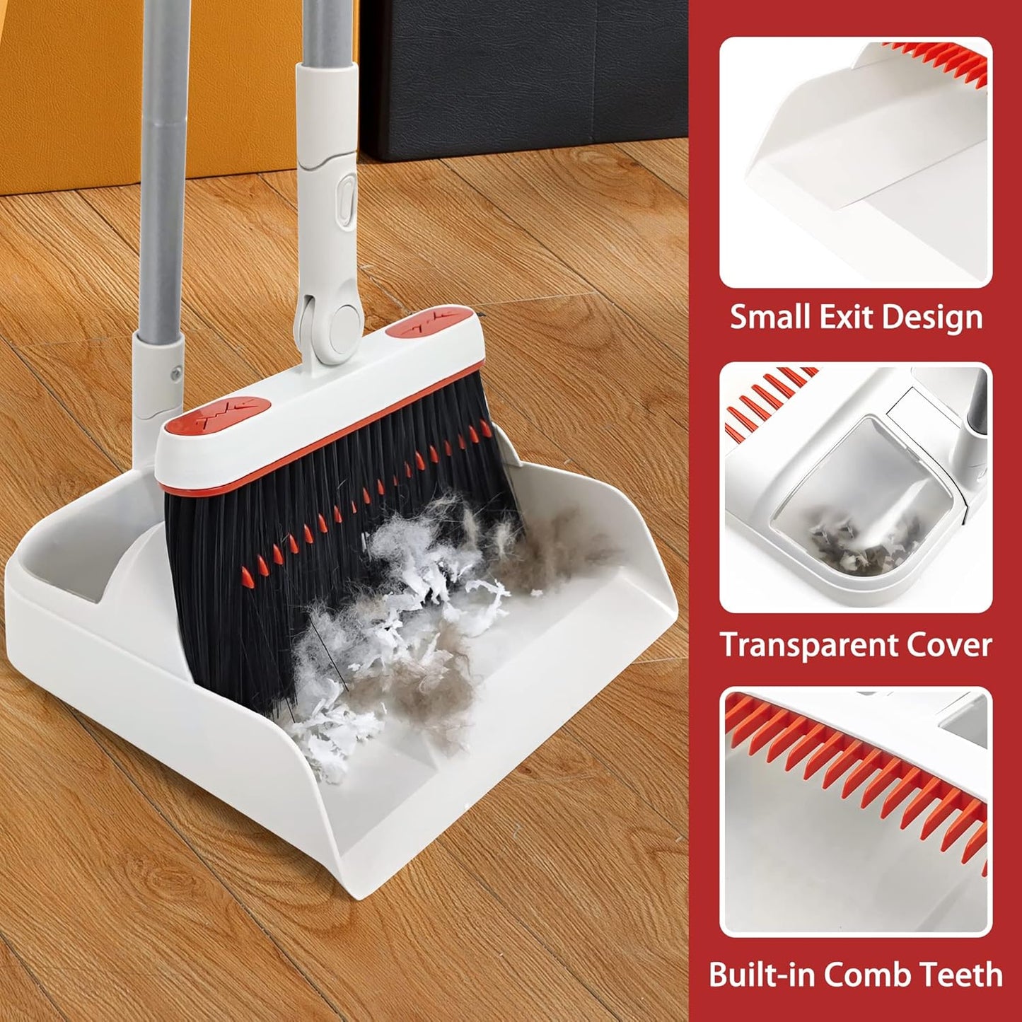 JEHONN Broom and Dustpan Set for Home, 54 Inches Long Handle Lightweight 180 Degree Rotating Indoor Upright Standing Dust Pan with Comb Teeth, Store Sweep Set for Room Kitchen Lobby Office