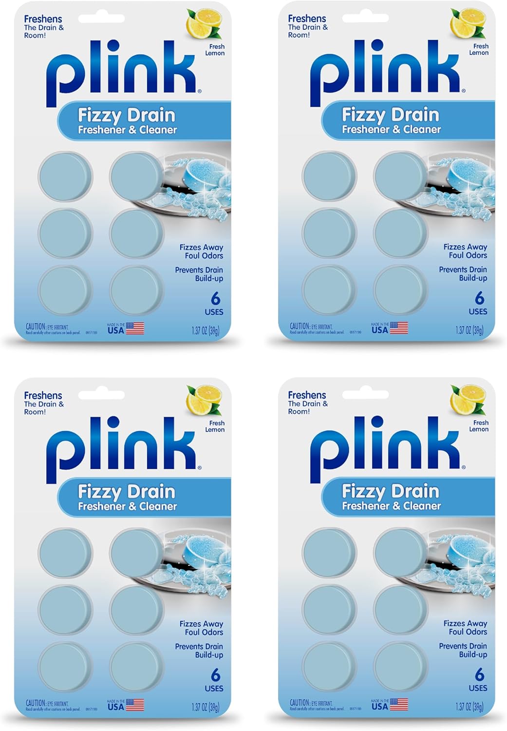 Plink Fizzy Drain Cleaner and Freshener, Prevents Drain Clogs and Buildup, Removes Odors from Bathroom and Kitchen Sinks, Septic-Friendly, Made in the USA, Lemon Scent, 18 Tablets