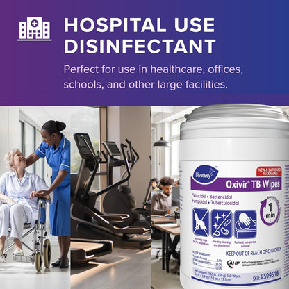 Oxivir Diversey Tb 5388471 Ready-to-Use Disinfectant Cleaning Wipes, Accelerated Hydrogen Peroxide, Large 7x8-Inch Sheets, 60-Wipes, 1-Slim Canister