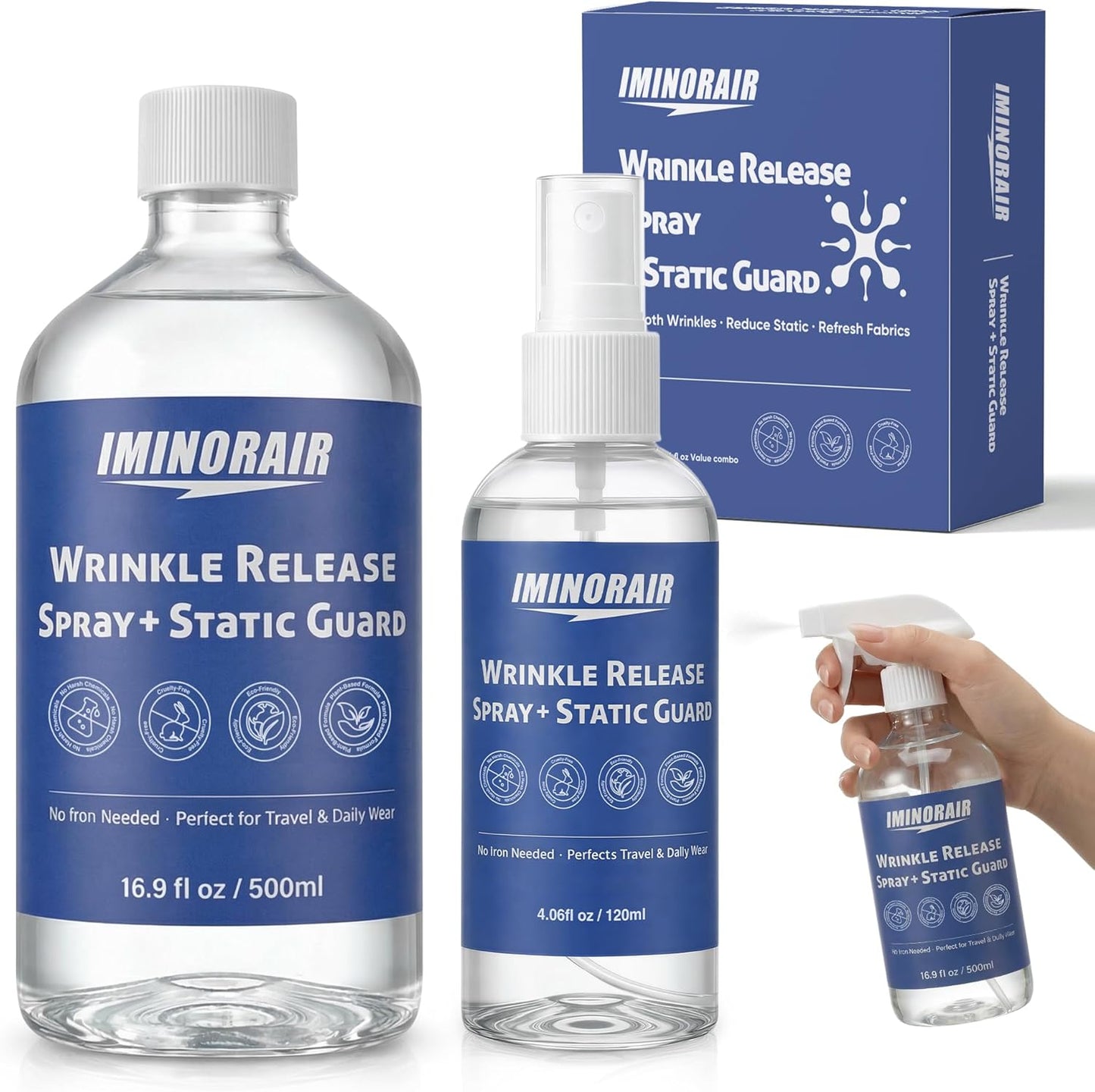 Wrinkle Releaser Spray, Anti Static Spray and Instant Wrinkle Release for Clothes, All in One Formula, Odor Eliminator and Fabric Refresher Spray (16.9 Fl Oz + 4.06 Fl Oz)
