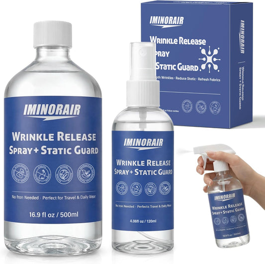 Wrinkle Releaser Spray, Anti Static Spray and Instant Wrinkle Release for Clothes, All in One Formula, Odor Eliminator and Fabric Refresher Spray (16.9 Fl Oz + 4.06 Fl Oz)