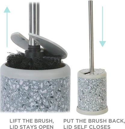 Bath Bliss Toilet Brush and Holder | Self Closing Lid | 360 Degree Brush Head | Bathroom Cleaning | Compact Size | Storage and Organization | Stainless Steel