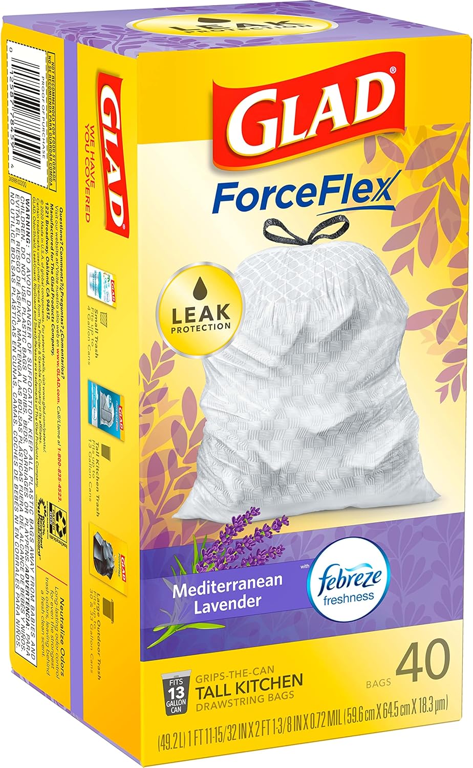 Glad ForceFlex Tall Kitchen Trash Bags, 13 Gal, Gain Lavender with Febreze, 110 Ct (Pack May Vary)