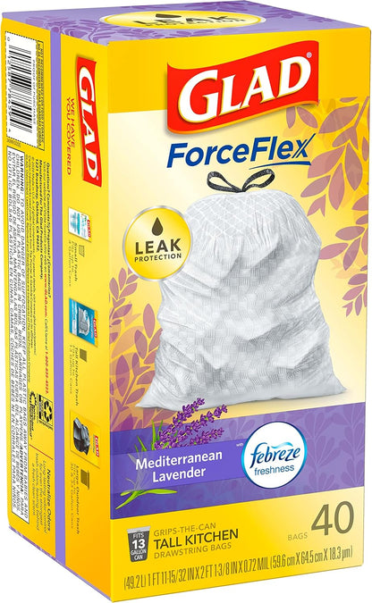 Glad ForceFlex Tall Kitchen Trash Bags, 13 Gal, Gain Lavender with Febreze, 110 Ct (Pack May Vary)