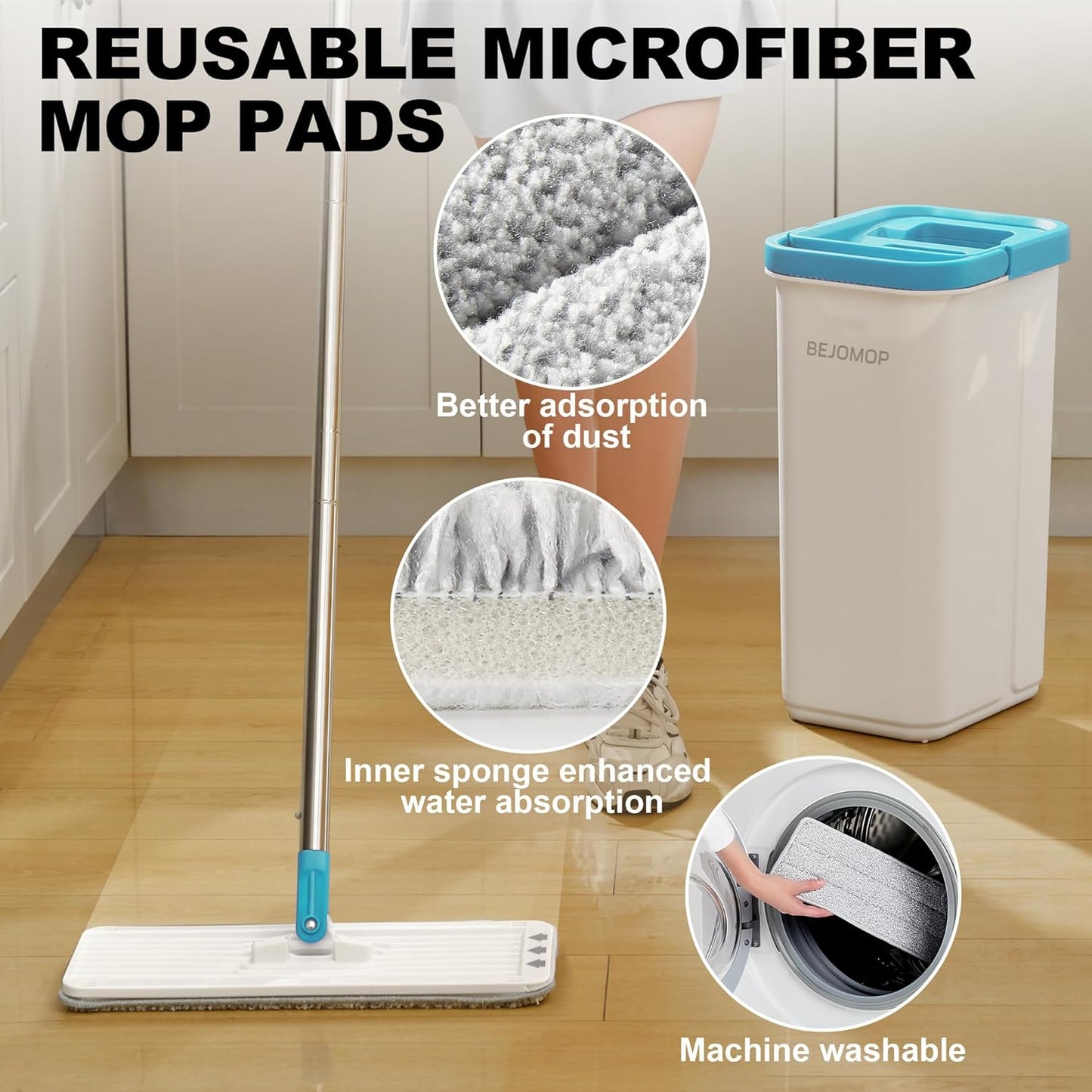 Mop and Bucket Set, Mops for Floor Cleaning with Long Handle, Squeeze Flat Mop and Bucket System, Dry & Wet Dust Mop for Household Floor Cleaning with 5 Microfiber Mops, Slate Blue
