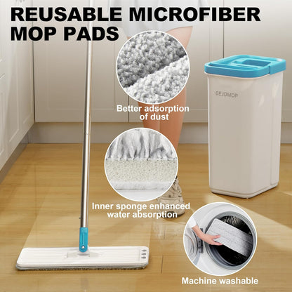 Mop and Bucket Set, Mops for Floor Cleaning with Long Handle, Squeeze Flat Mop and Bucket System, Dry & Wet Dust Mop for Household Floor Cleaning with 5 Microfiber Mops, Slate Blue