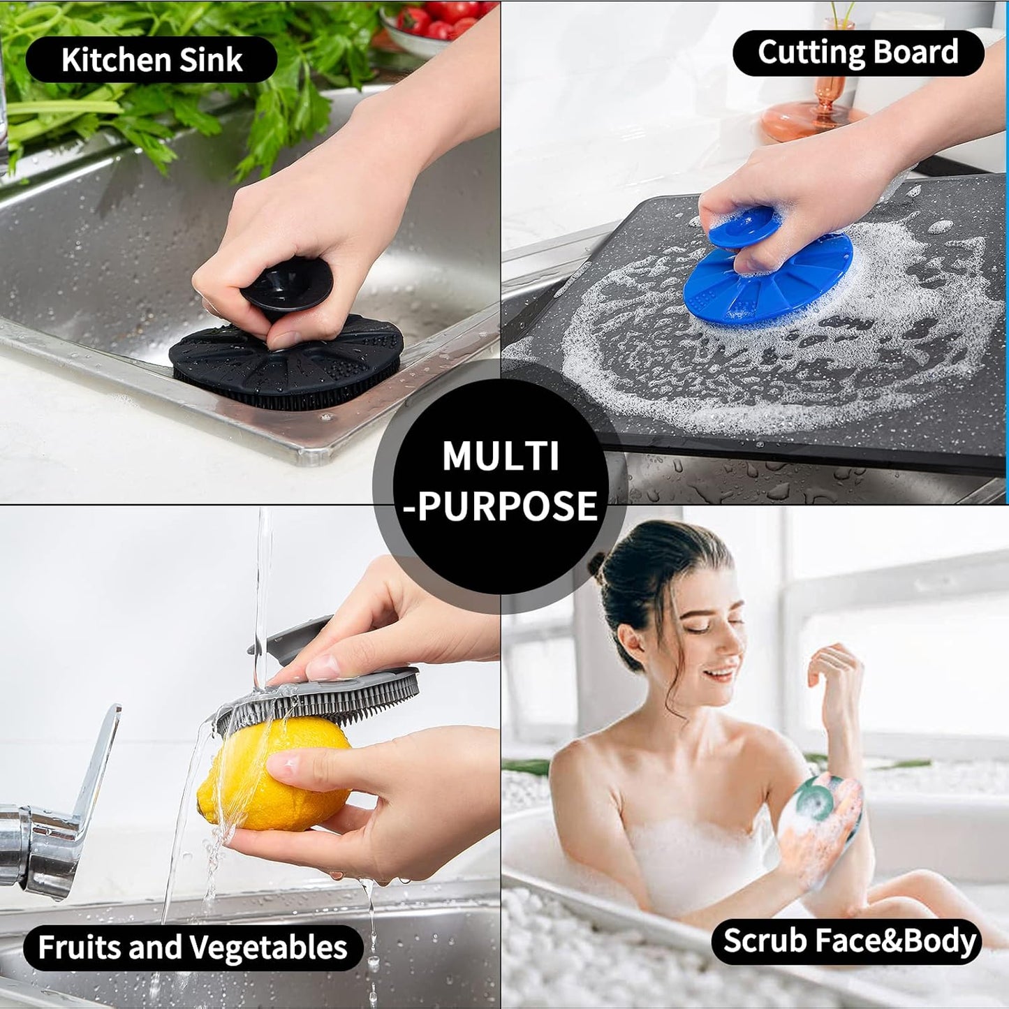 Silicone Sponge, BEAUTAIL Non-Scratch Scrub Sponges for Washing Dishes, Kitchen Fruit Vegetable Cleaning Brush, Long Lasting and Reusable Dishwashing Scrubber, Suction Up Hang Designed, 1 Pack, Gray