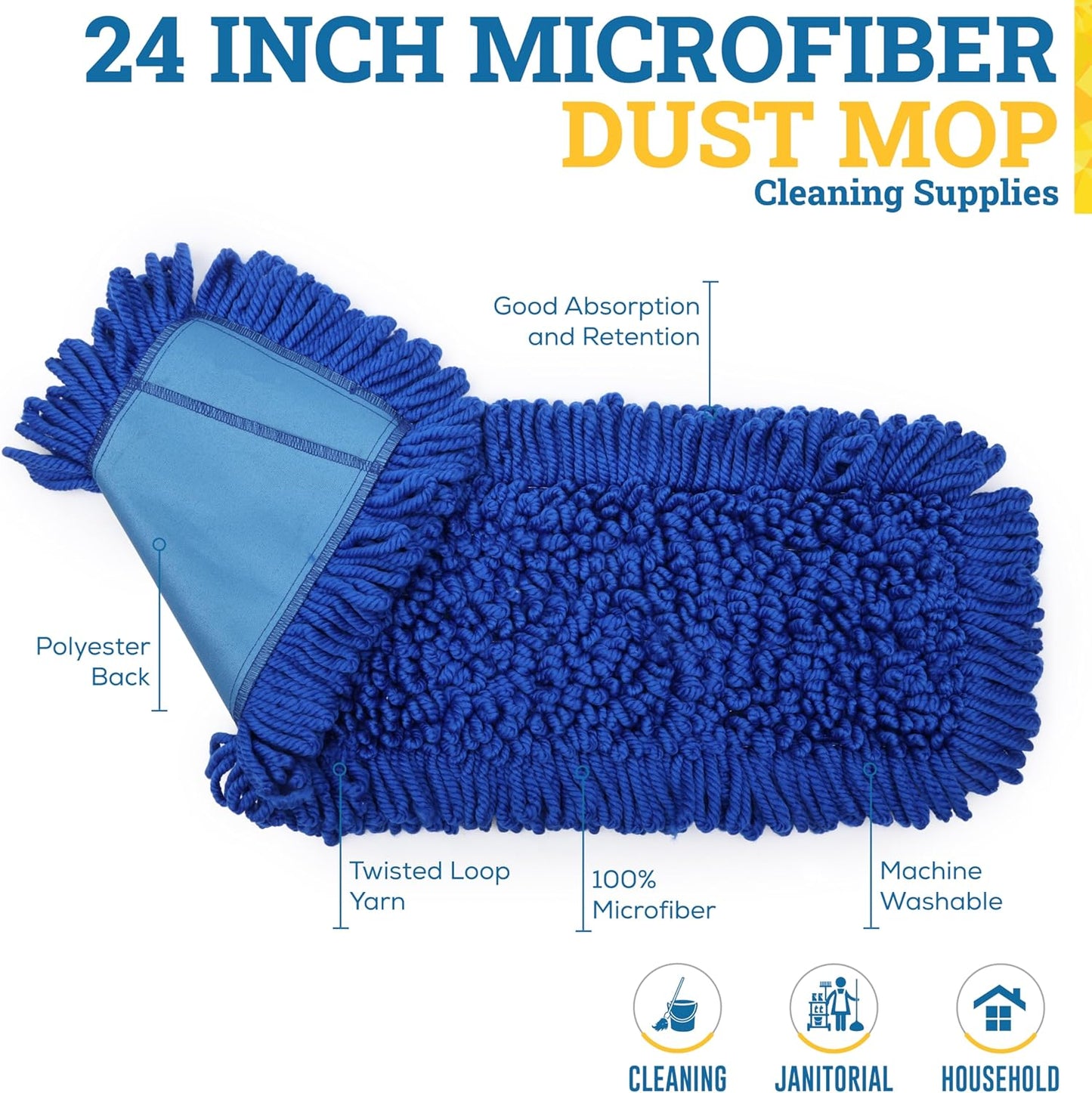 Kleen Handler 24 inch Microfiber Dust Mop | Medium Washable Commercial Mop Head Replacement, Pack of 3