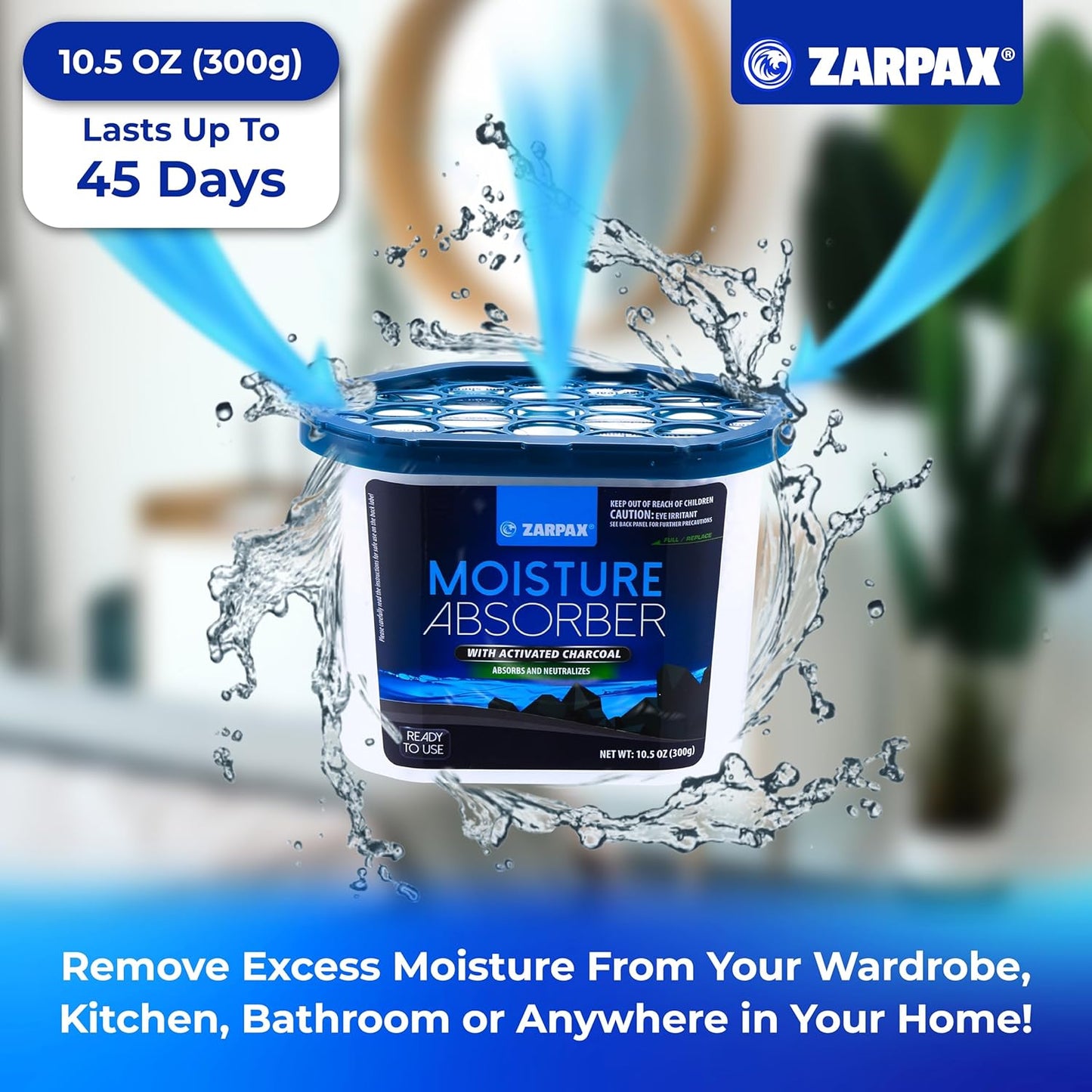 ZARPAX Moisture Absorber Activated Charcoal 10.5 oz/300g | Removes Moisture, Damp, Humidity & Odors | Odor Absorber | Moisture Trap for Bathroom, Closet, Kitchen & Small Spaces | Set of 6