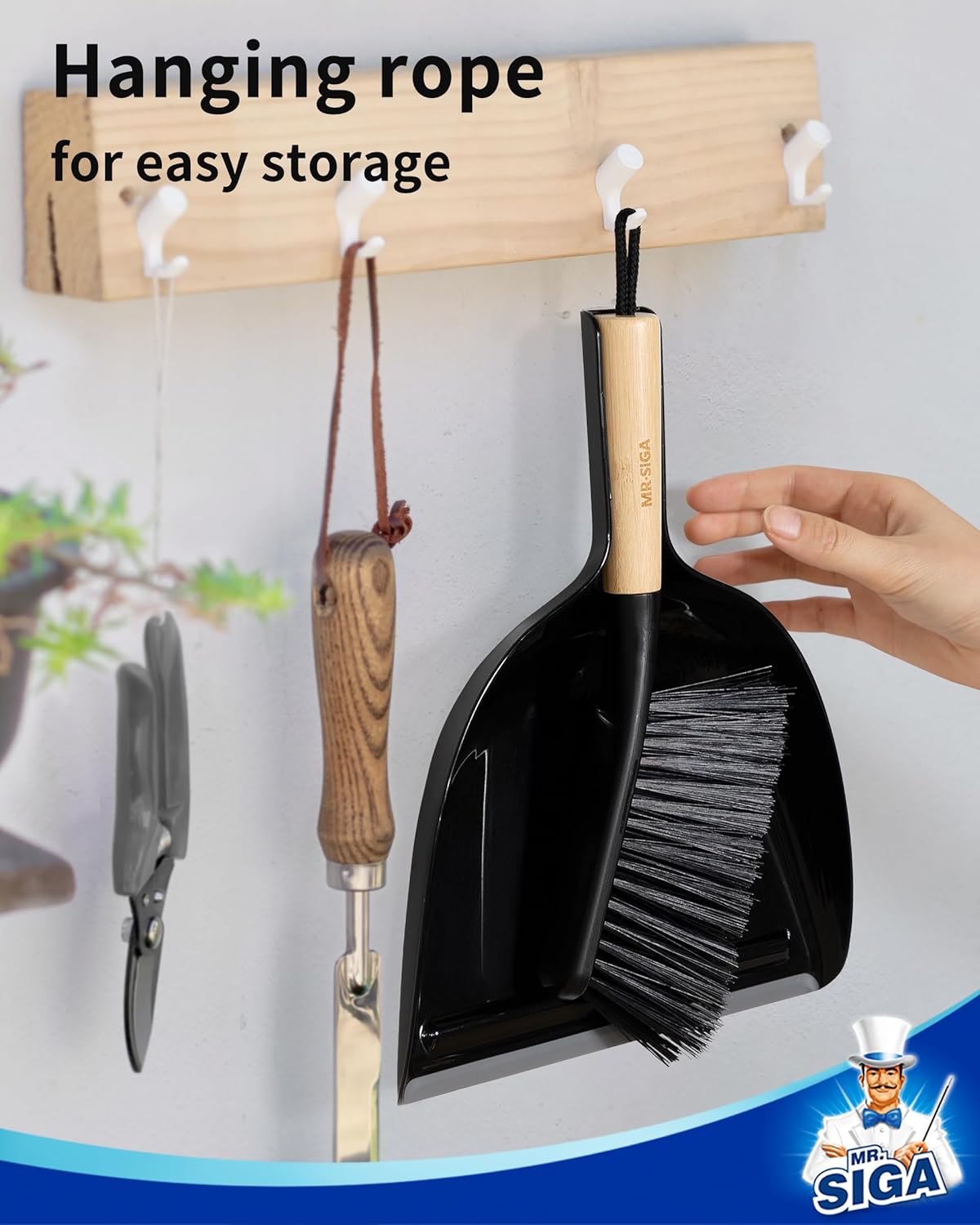 MR.SIGA Dustpan and Brush Set, Portable Cleaning Brush and Dustpan Combo with Bamboo Handle, White, 1 Set