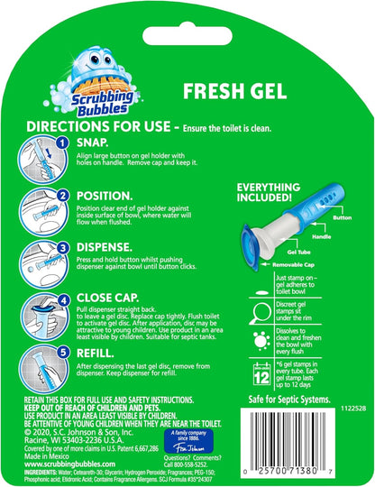 Scrubbing Bubbles Fresh Gel Toilet Bowl Cleaning Stamps, Helps Keep Toilet Clean and Helps Prevent Limescale & Rings, Citrus Scent, 1 Dispenser with 6 Fresh Gel Stamps