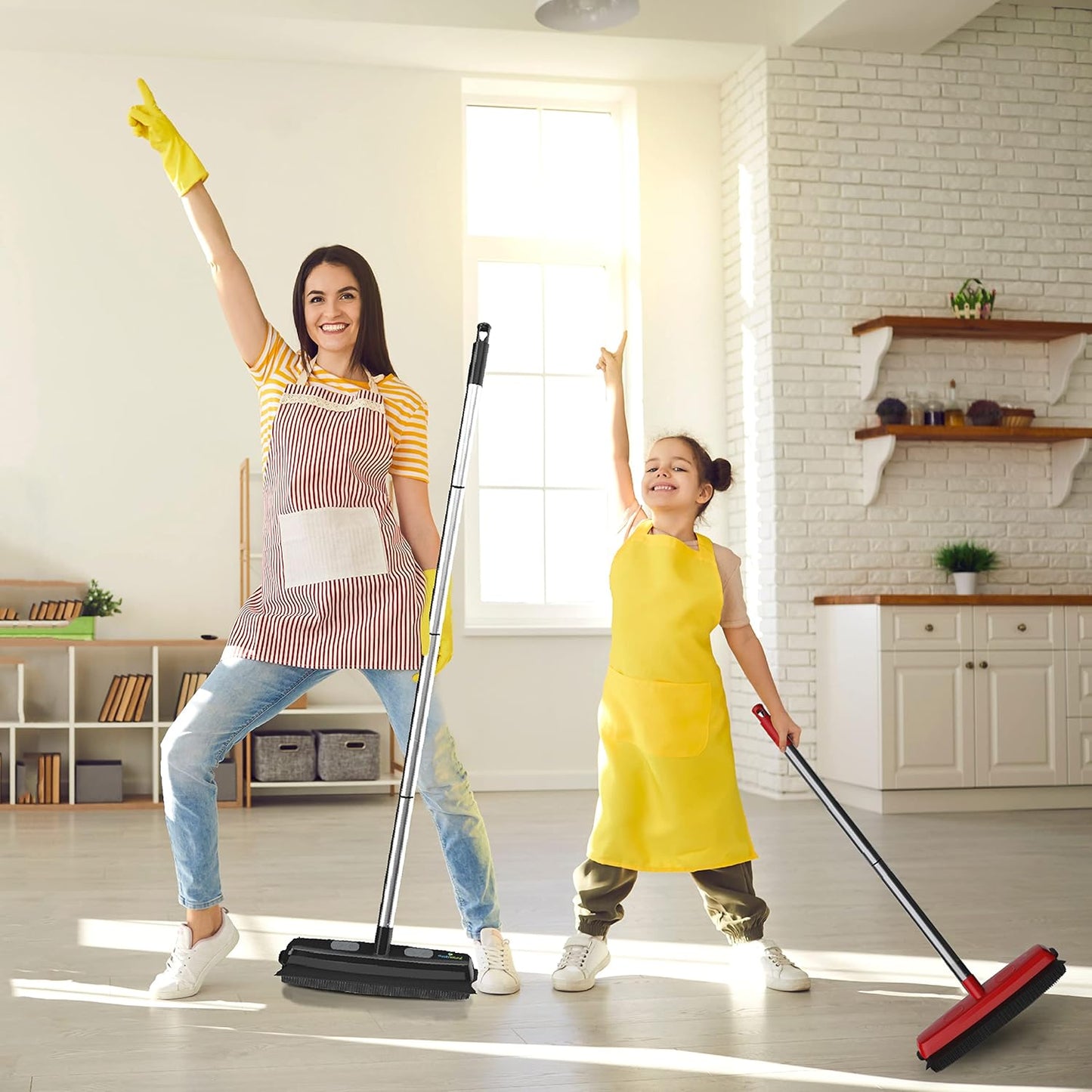 Rubber Bristle Broom and Rubber Squeegee Snap on Dustpan Set with Portable Push Broom Rug Squeegee and Extendable Telescoping Handle for Pet Hair Removal Home Office Fabric Carpet Floor Desk Black
