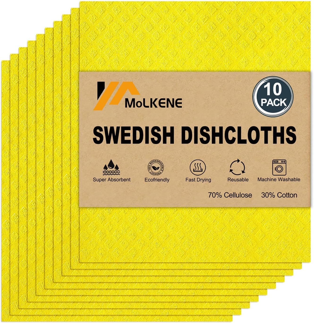 MoLKENE Swedish Dish Cloths - 10 Pack Reusable Kitchen Dishcloths - Ultra Absorbent Dish Towels for Washing Dishes - Cellulose Sponge Cloth Cleaning Rag - Assorted