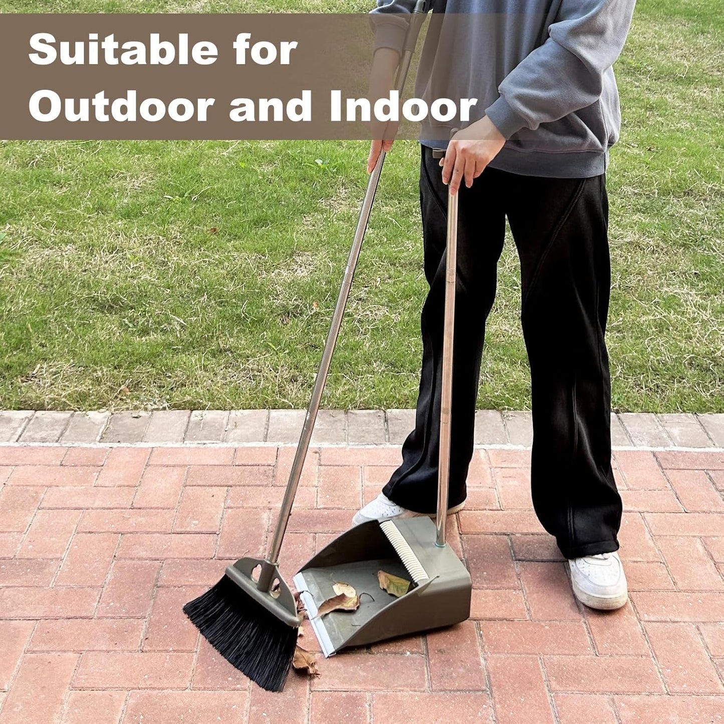 Upgrade Broom with Dustpan Combo Set,48'' Long Handle Stiff Broom Bristles with Heavy Duty Dust Pan,Indoor Outdoor Easy Sweeping for Kitchen Lobby Garage Home