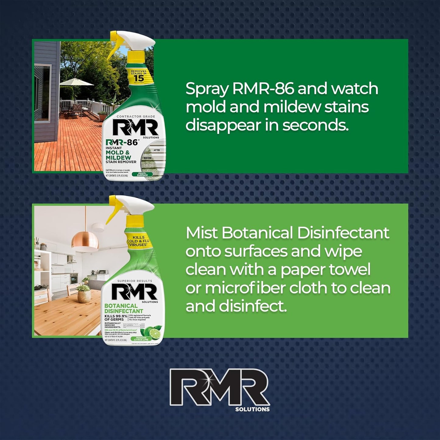 RMR Stain & Sanitation System –Instant Mold & Mildew Stain Remover + Botanical Disinfectant Cleaner, Indoor/Outdoor Cleaning Kit for Kitchens, Bathrooms, Furniture, Siding, & Deck, 2–32 Oz Bottles