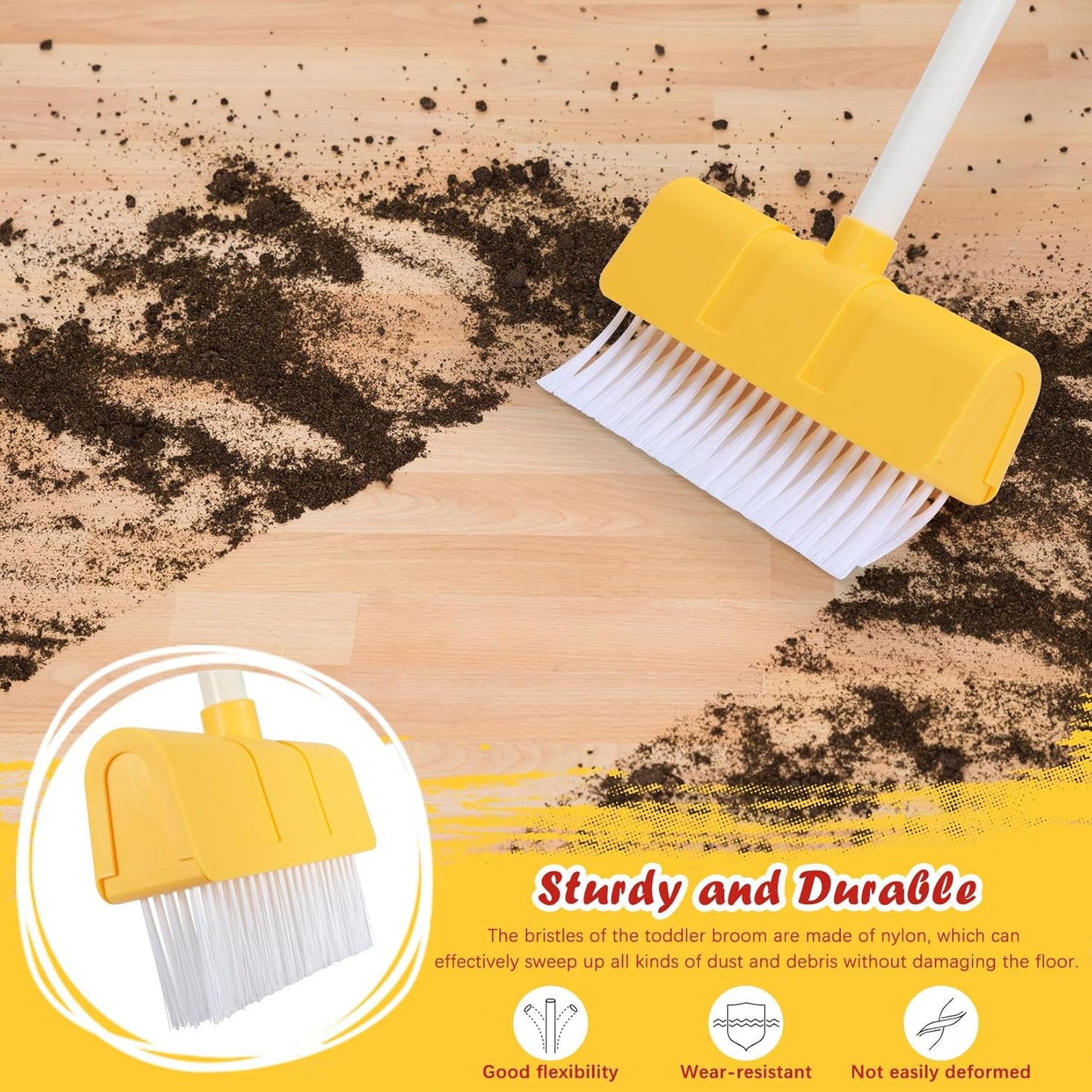 Kids Cleaning Toy Set Toddlers Broom Dust Pan Set for Housekeeping Pretend Play Cleaning Set, Cleaning Toys Gift for Toddlers Girls Boys Age 3-6 Years Old (2PCS - Red and Yellow Set)