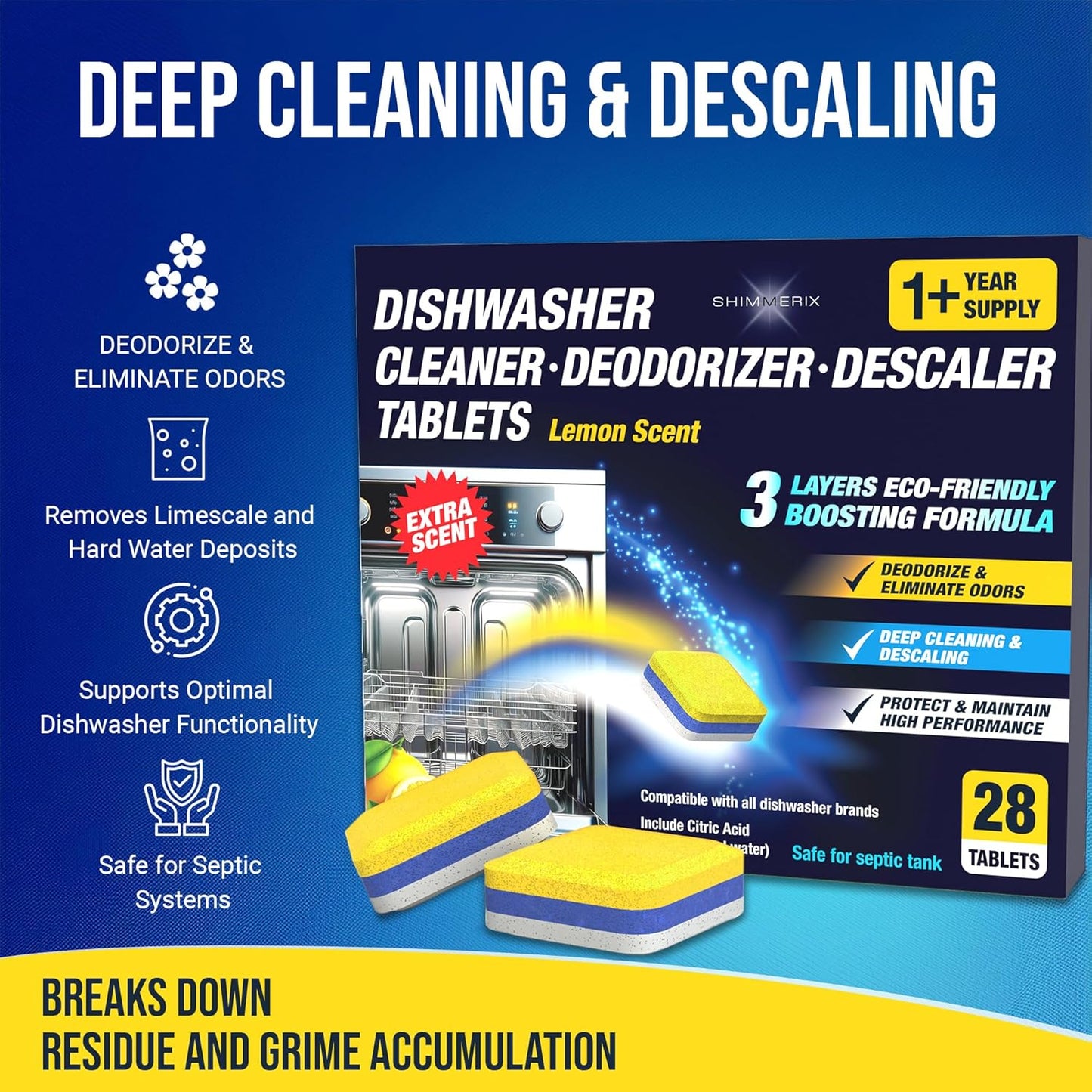 Dishwasher Cleaner Deodorizer Descaler Tablets - 28 Tabs - 1 Plus Year Supply - Extra Scented Deep Cleaning Sanitizer Pods - Remove Hard Water - Contain Citric Acid Heavy Duty Septic Safe - Citrus