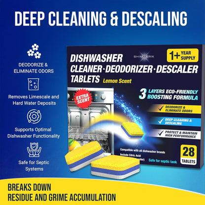 Dishwasher Cleaner Deodorizer Descaler Tablets - 28 Tabs - 1 Plus Year Supply - Extra Scented Deep Cleaning Sanitizer Pods - Remove Hard Water - Contain Citric Acid Heavy Duty Septic Safe - Citrus