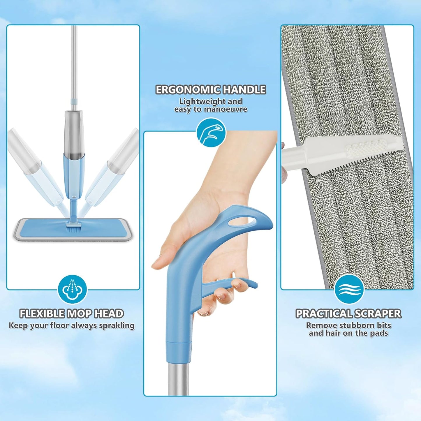 Spray Wet Mops for Hardwood Floor Cleaning: MEXERRIS Floor Mop with 5 Washable Pads for Swiffer Powermop & 2 Refillable Bottles - Home Commercial Dust Dry Mops for Wood Laminate Vinyl Tiles Ceramic