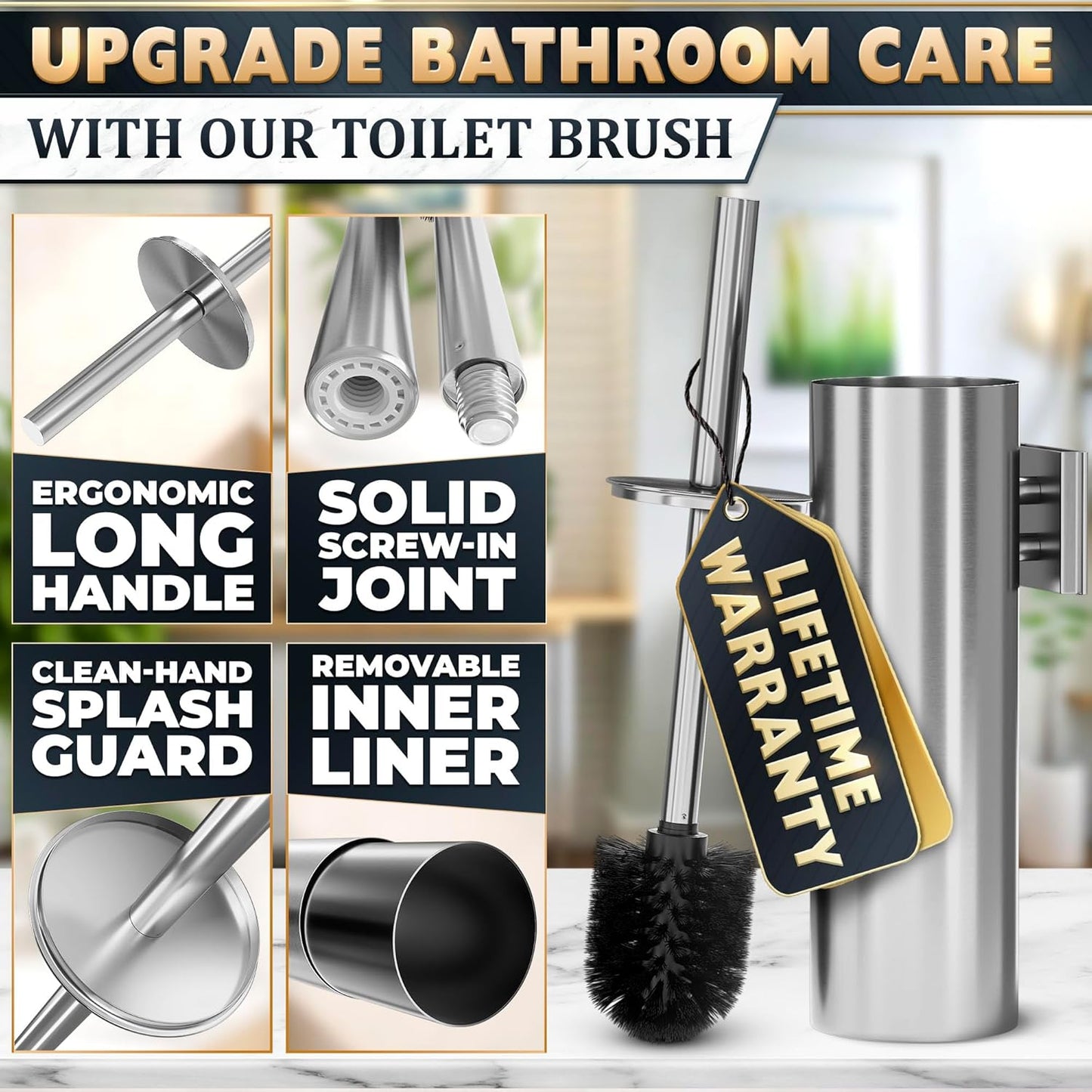 Stylish Stainless Steel Toilet Brush and Holder Set - Silver Toilet Bowl Brush and Holder with Splash Cover, Sturdy Bristles, Corrosion & Scratch Resistant - Elegant Design, Effective Deep Cleaning