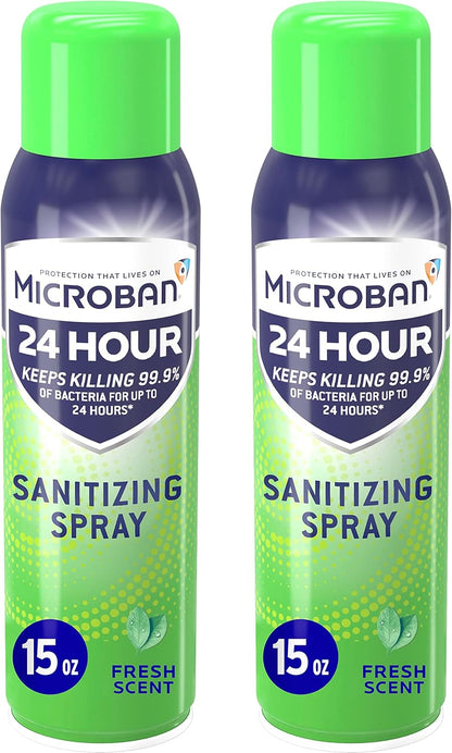 MICROBAN Sanitizing Spray, 15 oz., 2 Pack, Fresh Scent, Disinfects, Sanitizes, Eliminates Odors, and Keeps Killing 99.9% of Bacteria on Hard, Non-Porous Surfaces in Home for up to 24 Hours