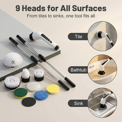 Versatile Ditch The Scrubbing! Long Handle Shower Scrubber Comes with 9 Replaceable Heads & Efficient 2 Speed Cordless Brush for Maximum Effect Long Battery Life!
