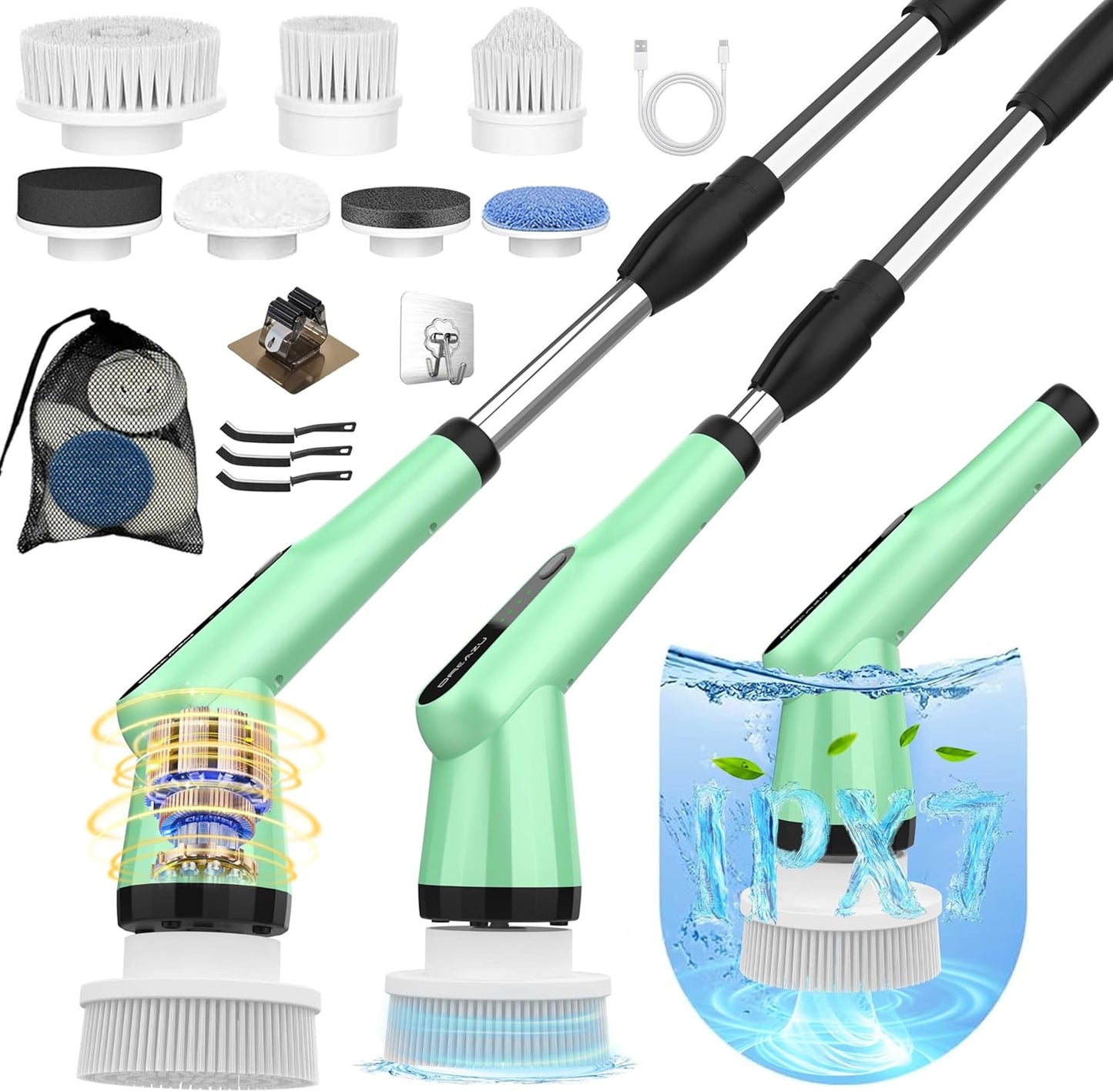 Electric Spin Scrubber, Dreazu IPX7 Shower Scrubber with 7 Replaceable Brush Heads & Retractable Handle, 2-Speed Adjustable Shower Cleaner for Bathroom,Toilet, Bathtub, Kitchen, Tile Floors