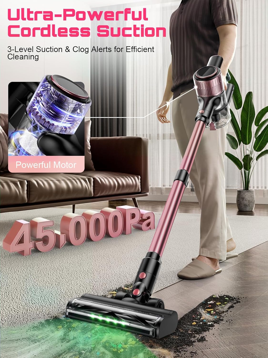Cordless Vacuum Cleaner, 10 in 1 Stick Vacuum with Powerful Suction, Hose, Green LED Light, Anti-Tangle Brush, Lightweight Rechargeable Vacuum Cleaner for Home, Hardwood Floors,Pet Hair (Purple)
