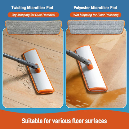 CLEANHOME Microfiber Mop Floor Dust Mop with Extendable Long Handle, Flat Mop with 4 Reusable Pads and 1 Dirt Removal Scrubber, Suitable for Home Kitchen Bathroom Living Room Cleaning