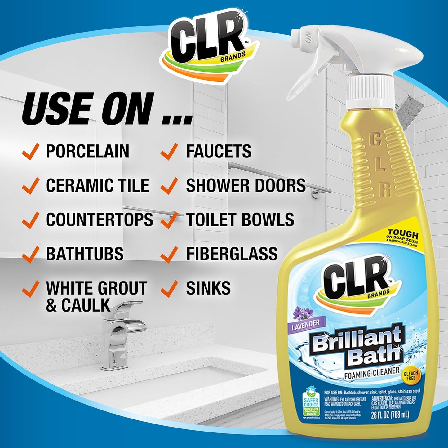 CLR Brilliant Bath Foaming Bathroom Cleaner Spray - For Use On Toilet, Bath, Shower, Sink, Glass, Stainless Steel - Fresh Scent, 26 Fl Ounce Bottle (Pack of 4)