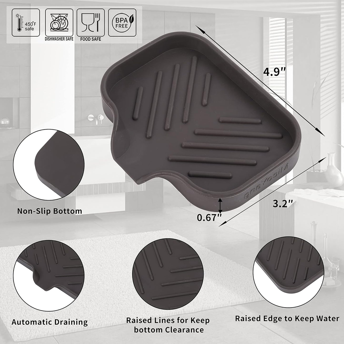 MicoYang Silicone Bathroom Soap Dishes with Drain Spout-Bathroom and Kitchen Sink Organizer,Sponge Holder,Dish Soap Tray,Perfect for Dispenser,Scrubber,Bottle,Cup on Sink or Counter-Black 4.9"×3.2"