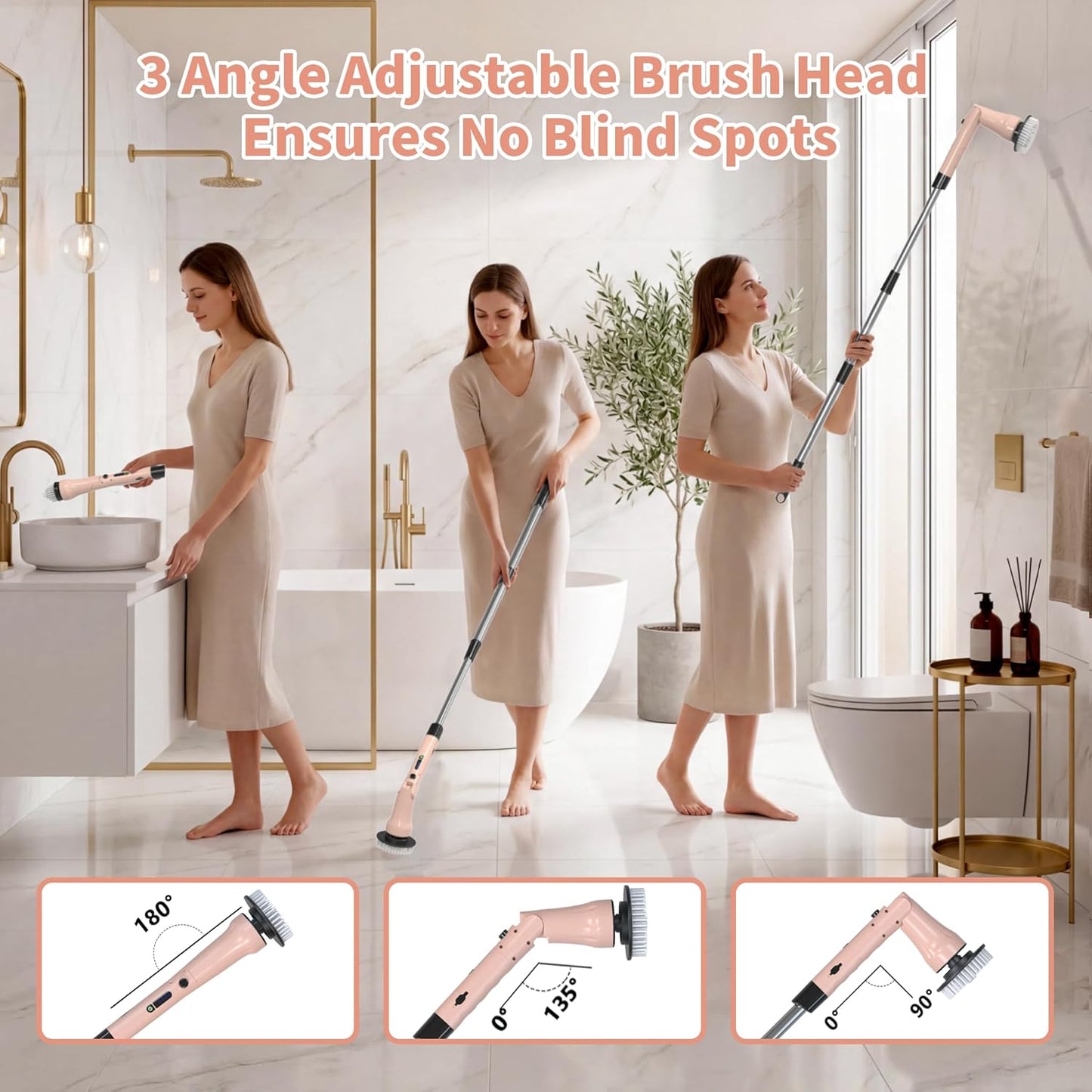 Electric Spin Scrubber, Hillyfe Bathroom Scrubber Electric with 7 Replaceable Brush Heads, IPX7 Waterproof,300/400 RPM, 3 Adjustable Length,Scrubber Brush Electric for Bathtub Floor,White