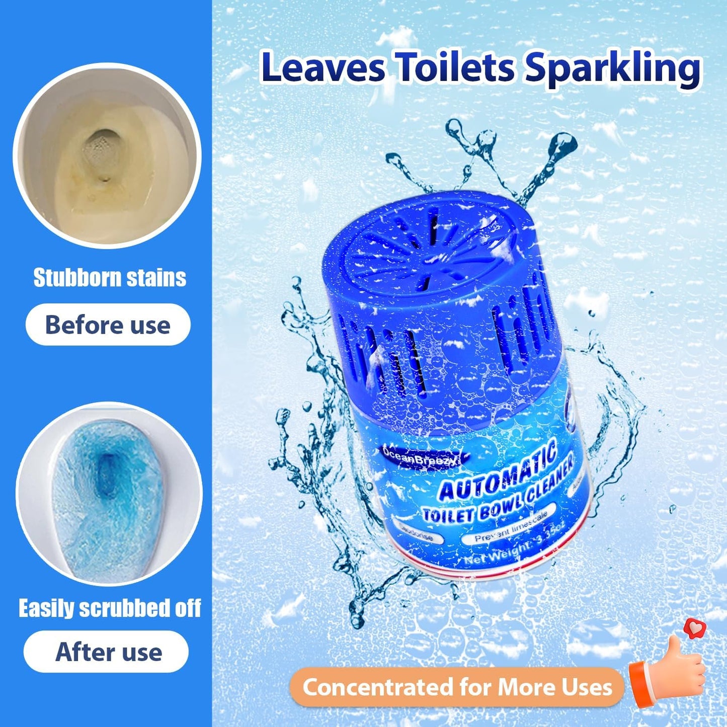 Automatic Toilet Bowl Cleaners Bottles, 3 Pack Long-Lasting Blue Toilet Cleaner Tablets, Septic Safe Toilet Tank Cleaner for Stain Prevention & Odor removal, Up to 3 Months each bottle