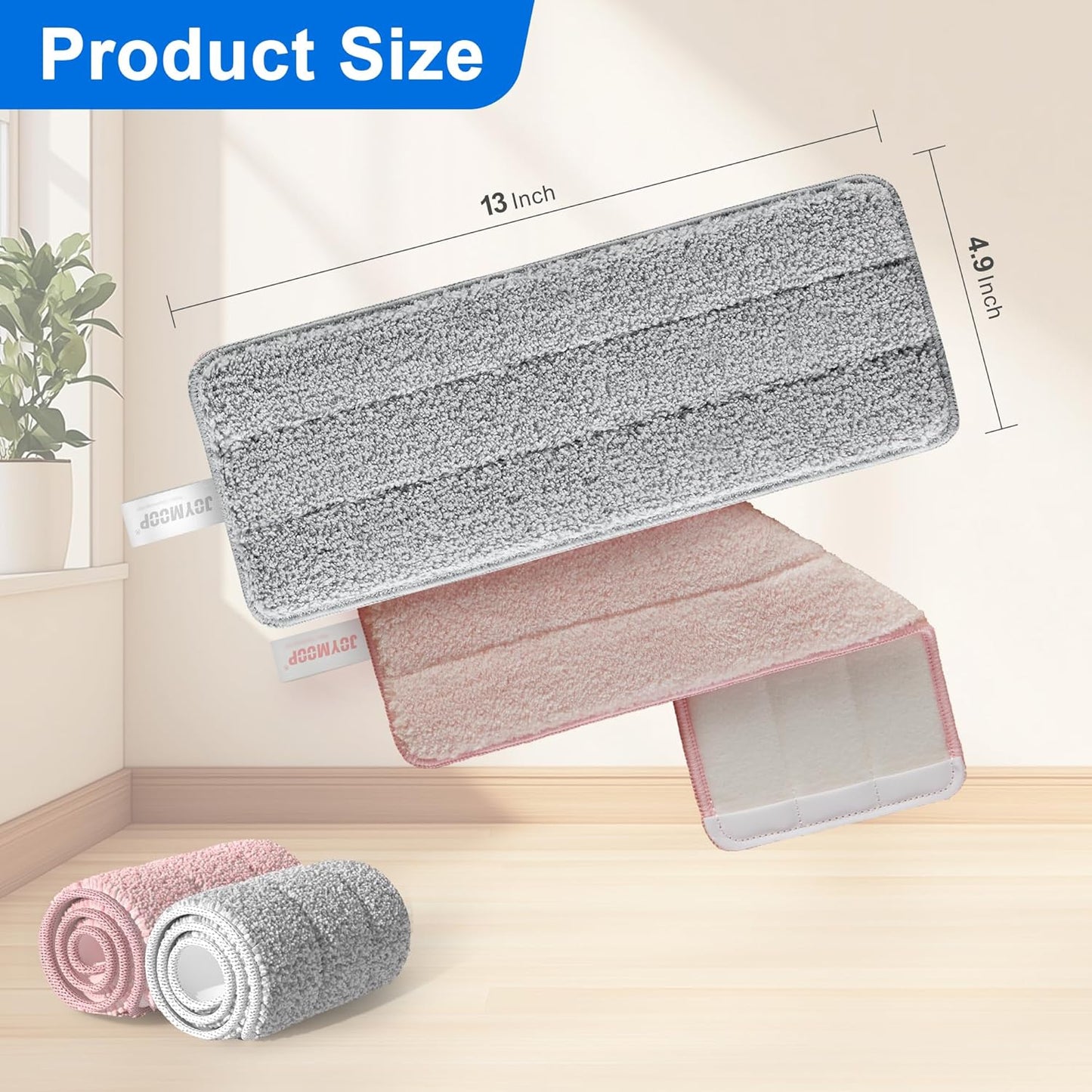 JOYMOOP 17.7-Inch Microfiber Flat Mop Replacement Pads – Washable Reusable Grey & Stripe, Pack of 4 Heavy-Duty Wet & Dry Refill for JOYMOOP Flat Mop & Bucket System