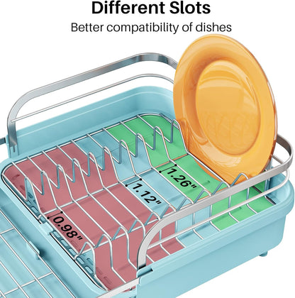 SNTD Dish Drying Rack, Expandable Dish Rack for Kitchen Counter, Stainless Steel Dish Drainer with Drainboard Set and Utensil Holder (Black)