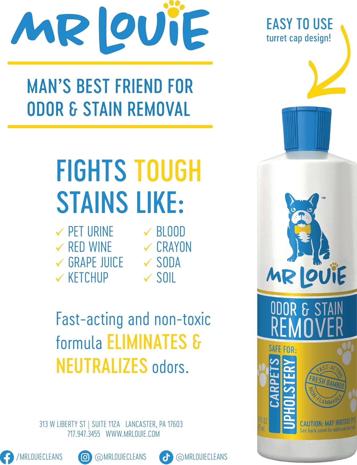 MR LOUIE Stain & Odor Remover for Carpet & Upholstery - Precision Pour No-Spray Cleaner Tough on Dog & Cat Urine, Vomit & Kid Stains with No Chemical Scent- Safe for Kids & Pets (16oz)