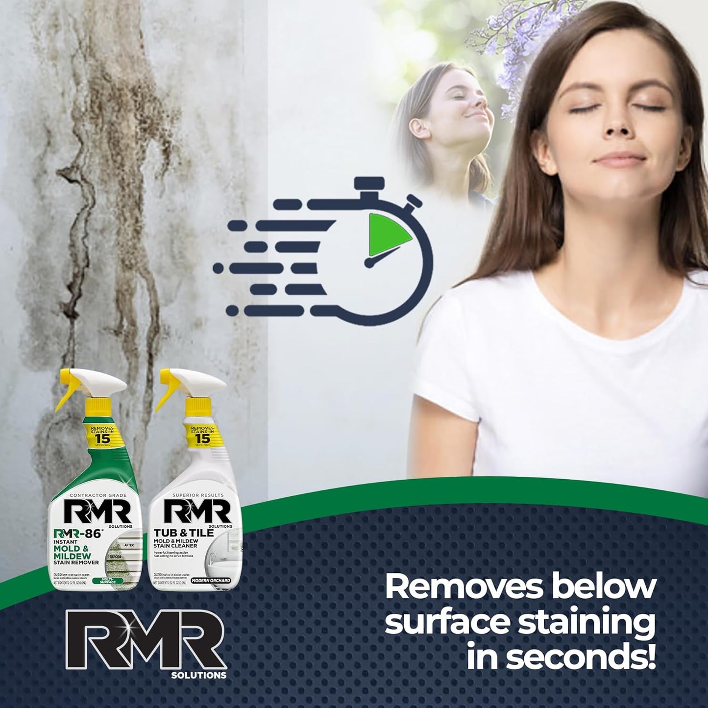 RMR Mold Stain Eraser Max Pack – No-Scrub Tub & Tile Cleaner + Instant Mold & Mildew Stain Remover Spray, Indoor/Outdoor Bathroom, Shower, Siding, & Deck Cleaning Kit, 2–32 Oz Bottles