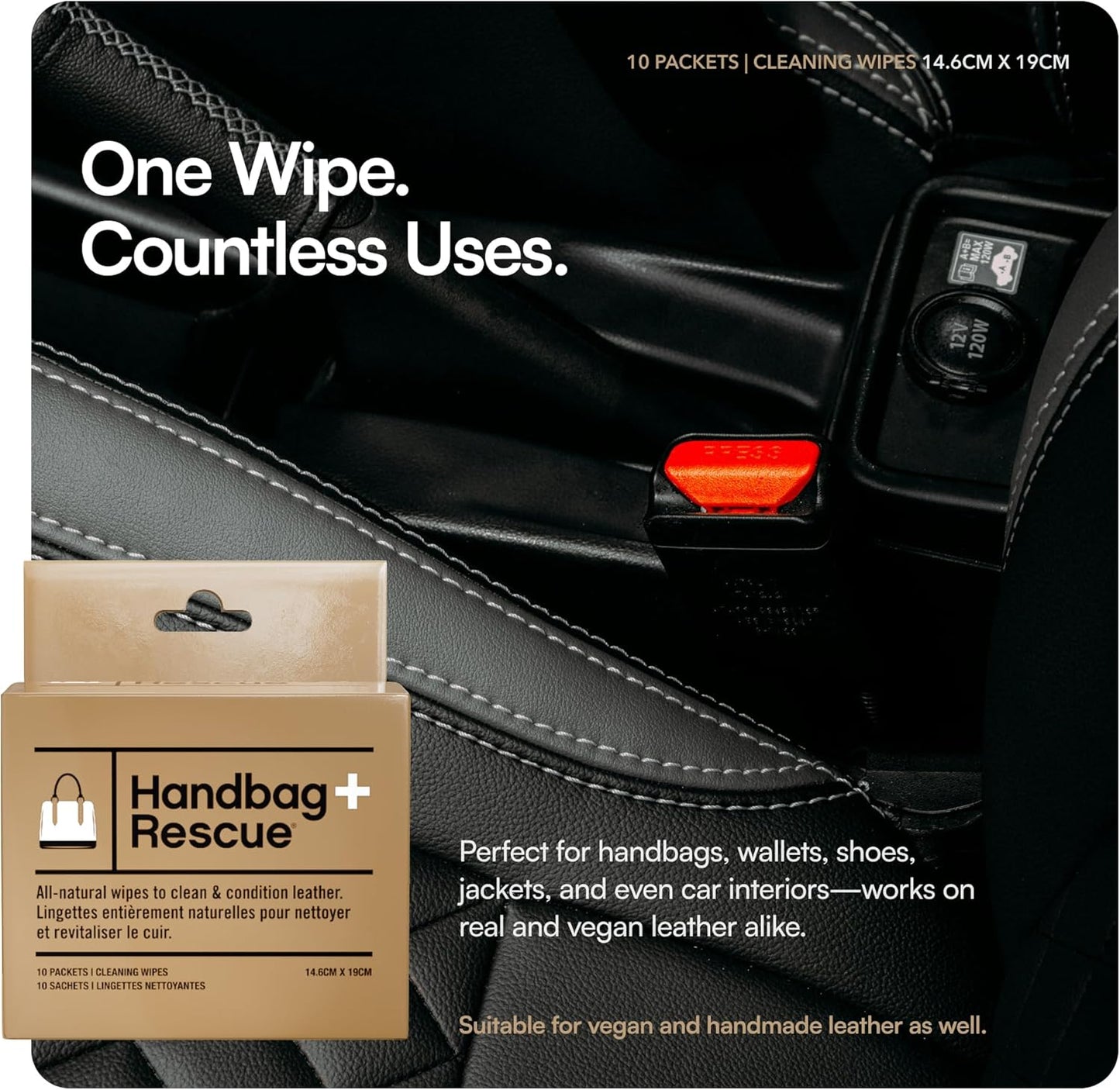 HandBagRescue All-Natural Cleaning Wipes. Remove Dirt & Surface Stains & Conditions Leather Handbags with Essential Oil. Box of 10 Individually Wrapped Wipes.