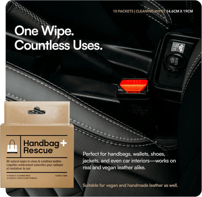 HandBagRescue All-Natural Cleaning Wipes. Remove Dirt & Surface Stains & Conditions Leather Handbags with Essential Oil. Box of 10 Individually Wrapped Wipes.