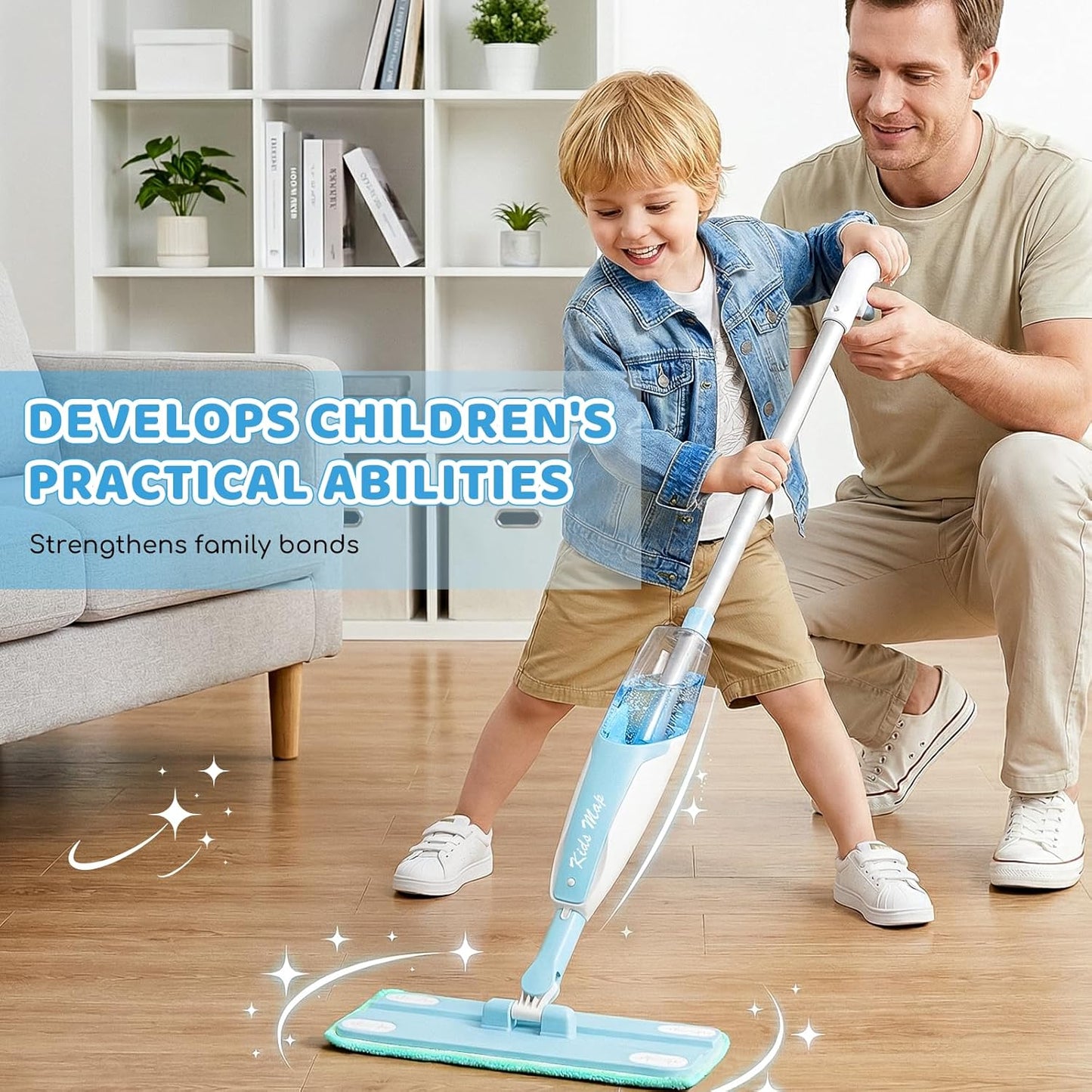 Kids Spray Mop - 30 Inch, 420ml Large Water Tank, Effective Cleaning Tool & Fun Montessori Toy, Pretend Play Housekeeping Set Toddlers Love (Magenta)