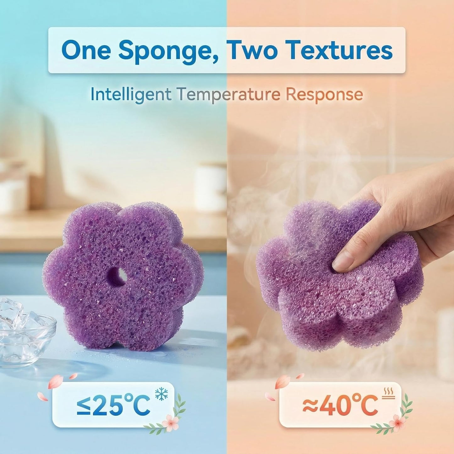 Scrub Flower Temperature Sensitive Sponges -Non-Scratch Scrubbers for Kitchen & Home - Firm in Cold & Soft in Warm Water - Odor Resistant Color-Coded Dish Sponges (Lavender Mist, 3 Count)