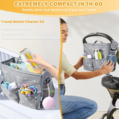 IvyWind Electric Travel Baby Bottle Brush Set with Storage Box, Automatic Bottle Cleaner Brush Kit with Silicone Bottle/Nipple/Straw Brush, Milk Frother Electric and Drainage Rack, Rechargeable, Gray